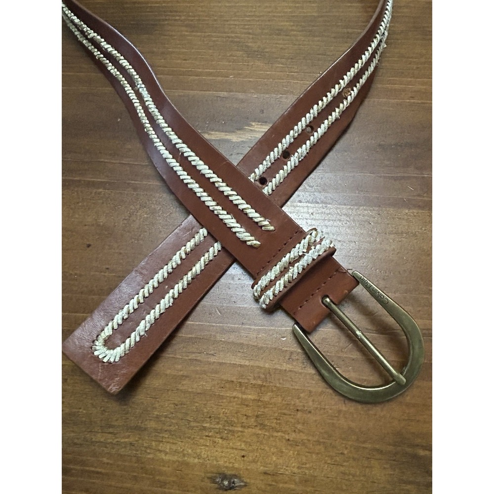 Calvin Klein Vintage Brown Genuine Leather Wide Belt Woven Stitching XL 48"